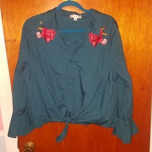 NWOT Teal Tie Front Button Down Crop-Top sz 3X